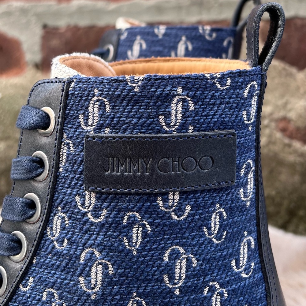 NEW Size 39.5 Jimmy Choo Turing/M Sand Dune Navy Logo Print Combat Moto Boots - Picture 6 of 12
